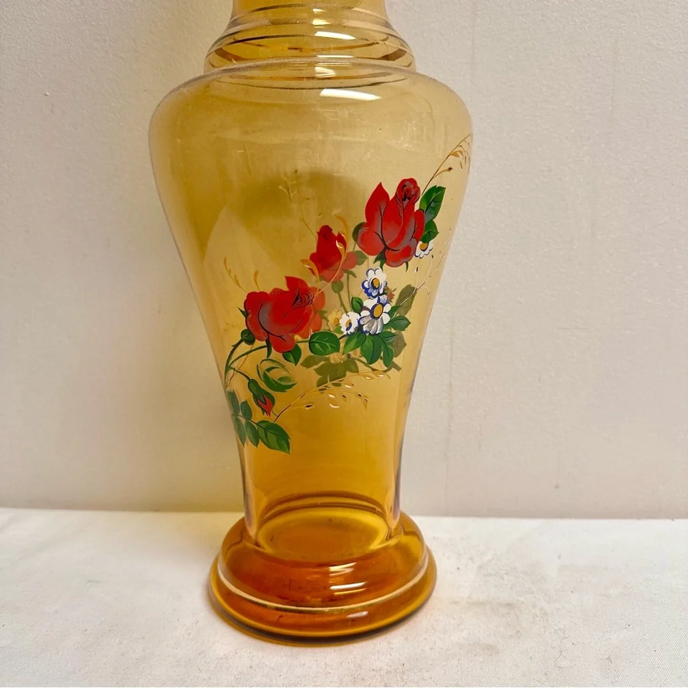 Vintage Italian Amber Glass Vase with Red Rose Floral Design and Gold Trim 17”H